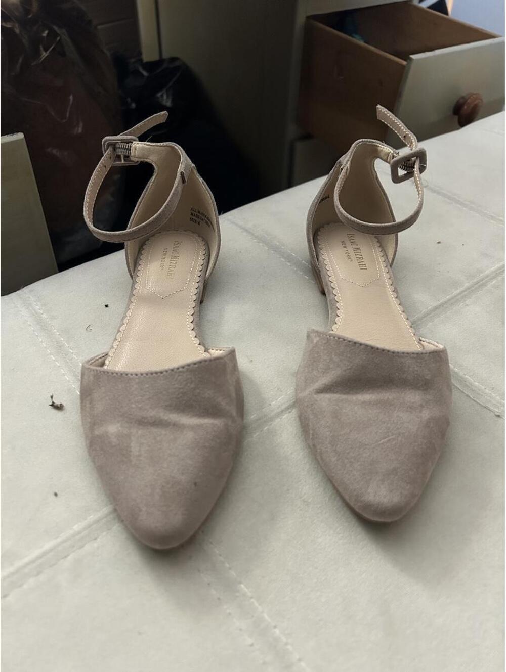 Isaac Mizrahi Tan suede ballet flats with ankle strap